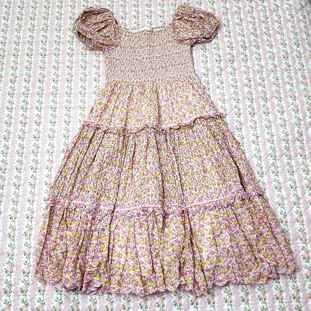 Loveshackfancy Masie Fruity Punch Floral Puff Sleeve Smocked Dress XS - Picture 8 of 17
